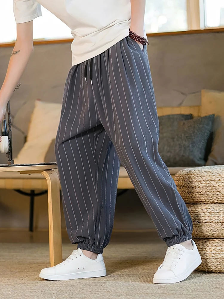 Voguable  Summer Stripe Casual Jogger Pants Men Ice silk Baggy Trousers Male Walking Wide leg Loose Sweatpants Streetwear voguable