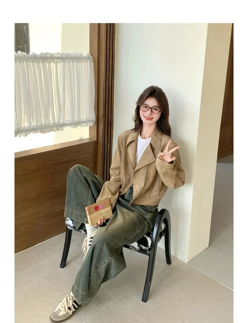 Retro Biker Faux Suede Jacket Women Fall Casual Long Sleeve Slim Short Coat Streetwear American Hip Hop Harajuku Tops New voguable