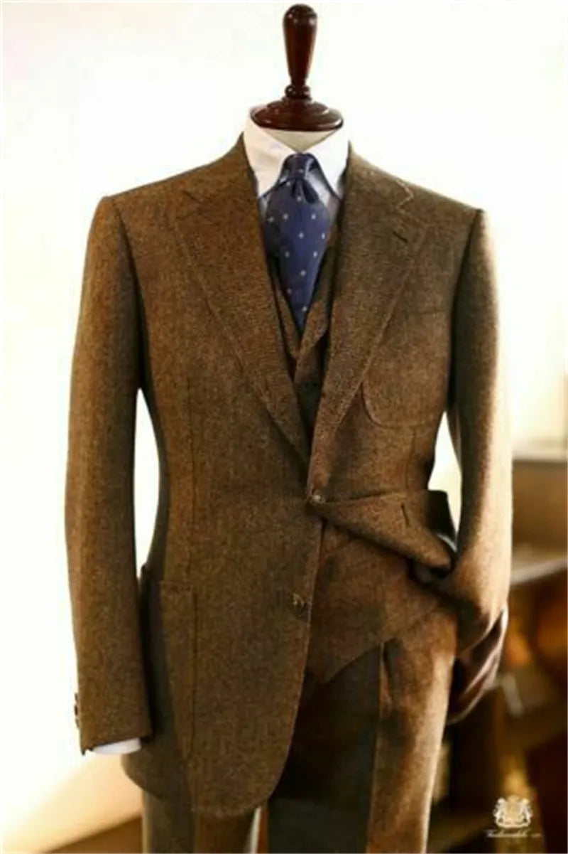 Suit Men 3 Pieces Formal Business Tweed Tuxedo for Men Tailor-made Retro Wedding Men's Suit Jacket Vest Pants Set voguable