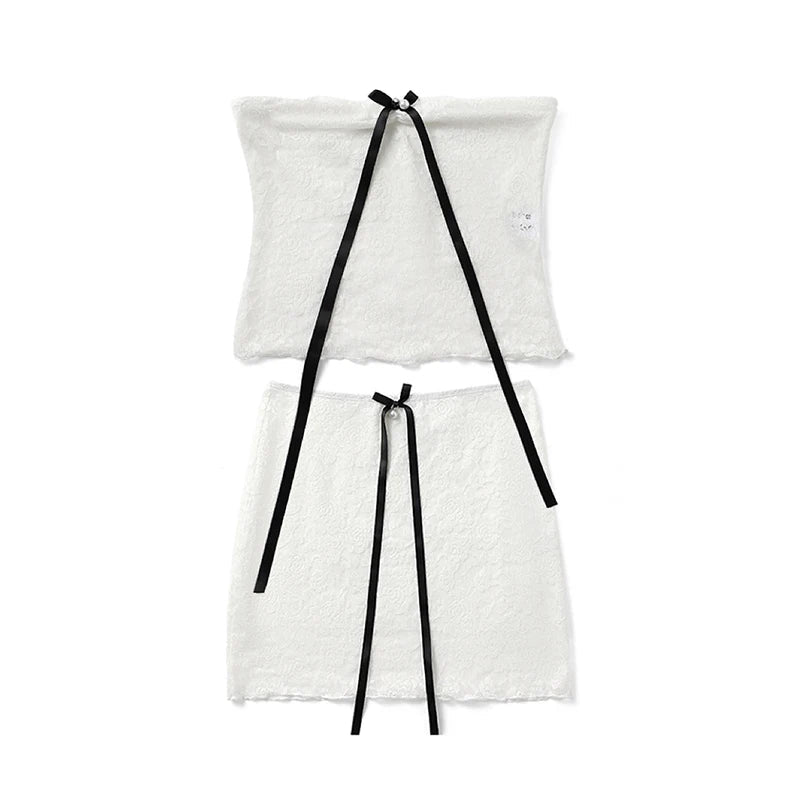 y2k Outfit Set Women Coquette Clothing Off Shoulder Strapless Tube Top and Mini Skirt with Bow 2000s Clothes Streetwear voguable