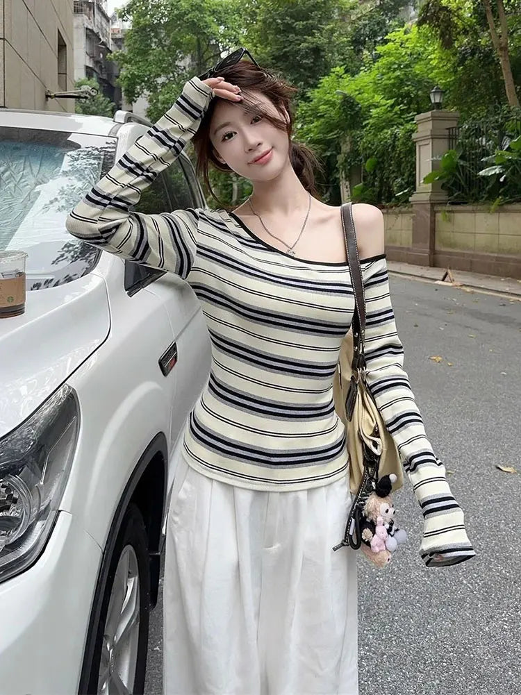 Korean Vintage Off Shoulder Striped Top Women 100% Ribbed Cotton Long sleeve T shirt Spring Autumn Basic Tees 2025 New voguable