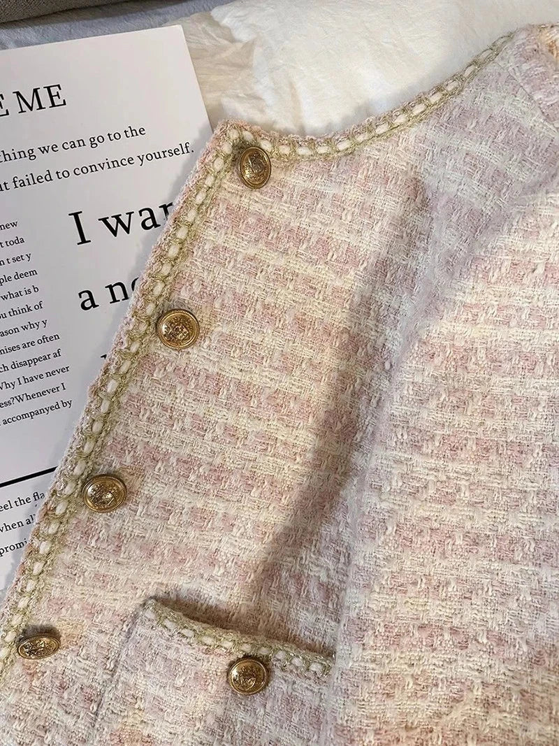 Pink Women Sweet Tweed Jacket Vintage Long Sleeve Slim O Neck Coat Korean Fall Winter Retro Small Fragrance Elegant Tops voguable