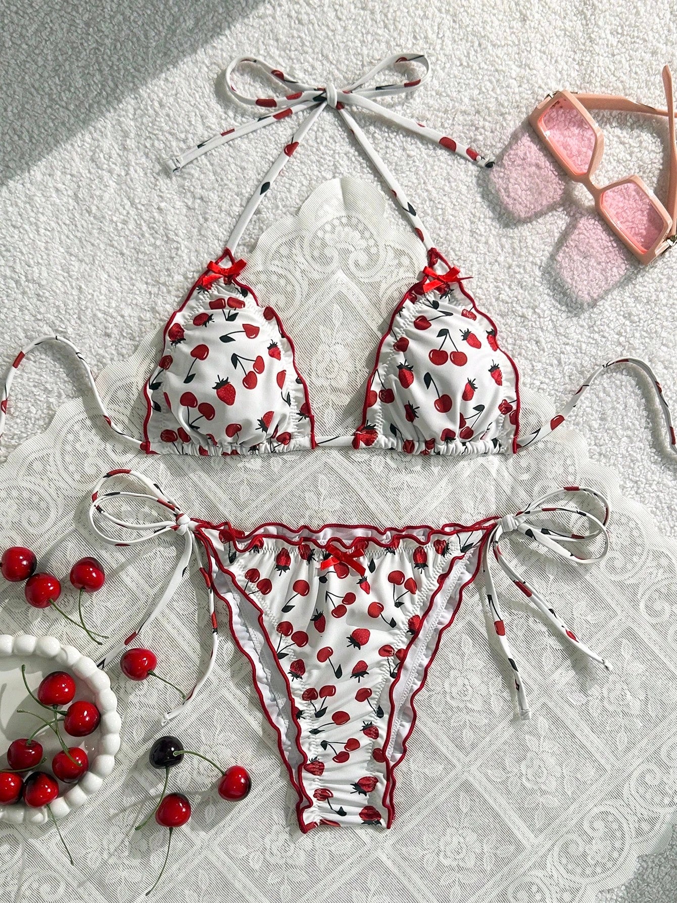 Voguable  Triangle Halter String Bikinis Women Sexy Ruffle Swimsuit Solid Cherry Swimwear Female Bathers Bathing Swimming Swim Suit voguable