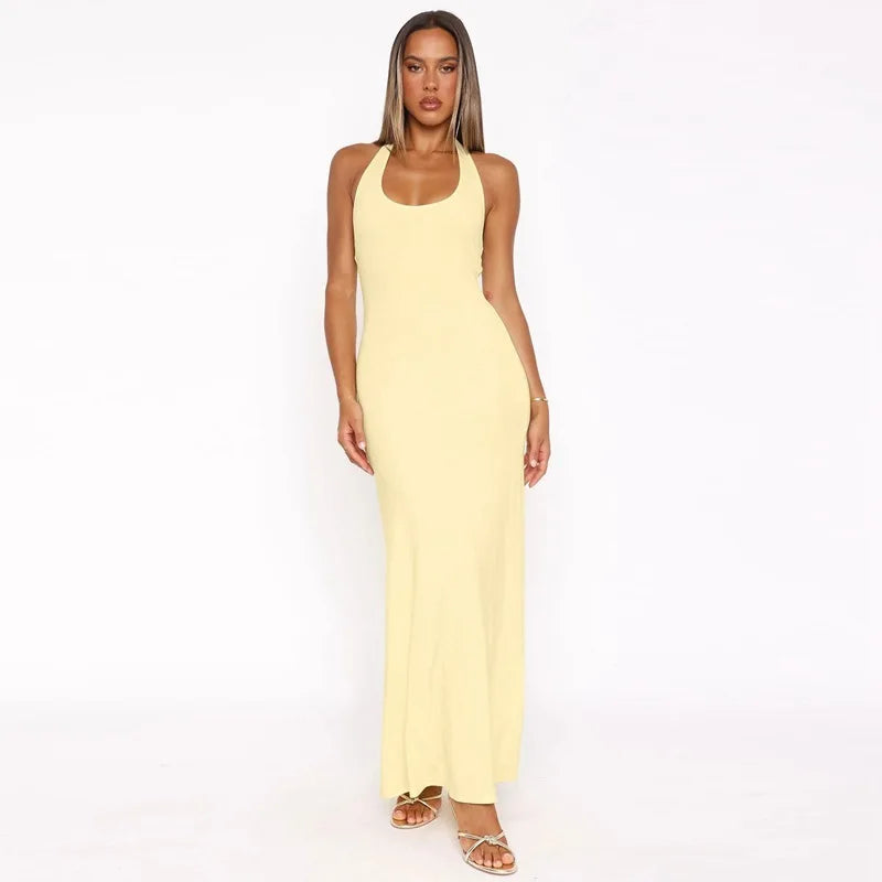 Halter Backless Sexy Maxi Dress Women Gown Summer New Solid U Neck Sleeveless High Waist Long Dress Elegant voguable