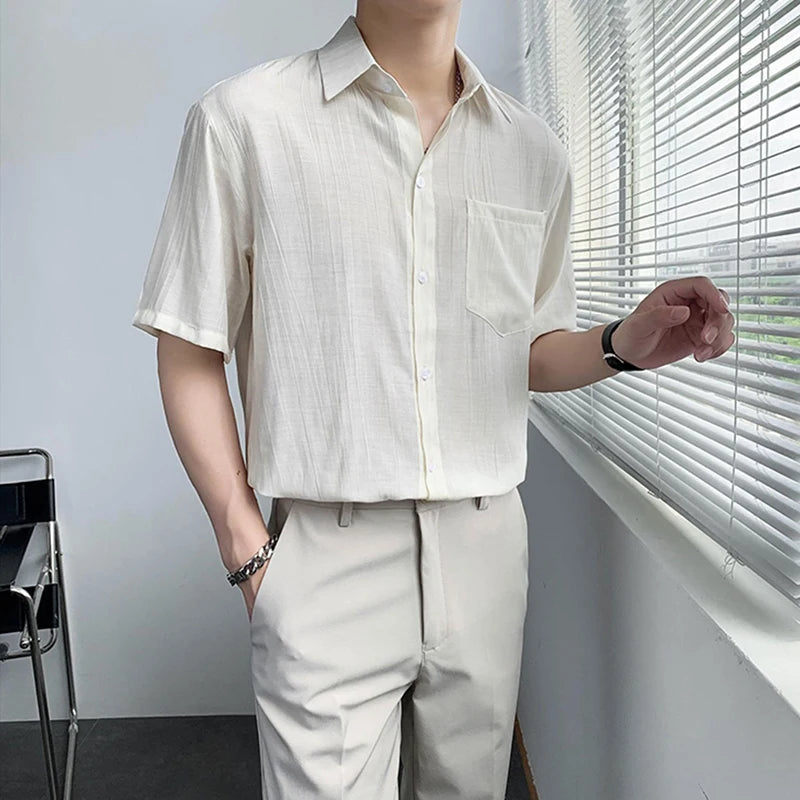 New Luxury Business Men Shirts Leisure Solid Color Short Sleeve Korean Popular Men's Clothing High Quality Cardigan Tops Summer voguable