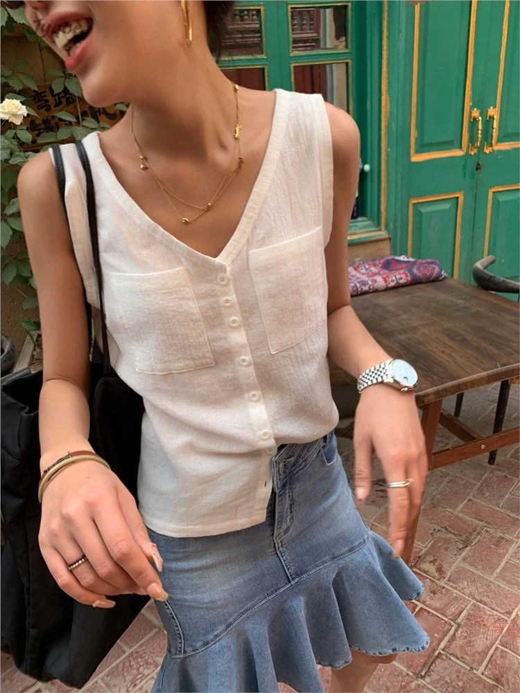 Casual Women Thin Cotton Summer Vest New V-neck Pocket Single Breasted Office Lady Tank Beige Black Fashion Sleeveless Top voguable