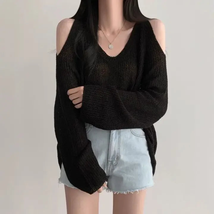 Sexy Off Shoulder Sweater Women V Neck Long Sleeve Thin Knitwear Korean Oversized Loose All Match Casual Female Pullovers New voguable
