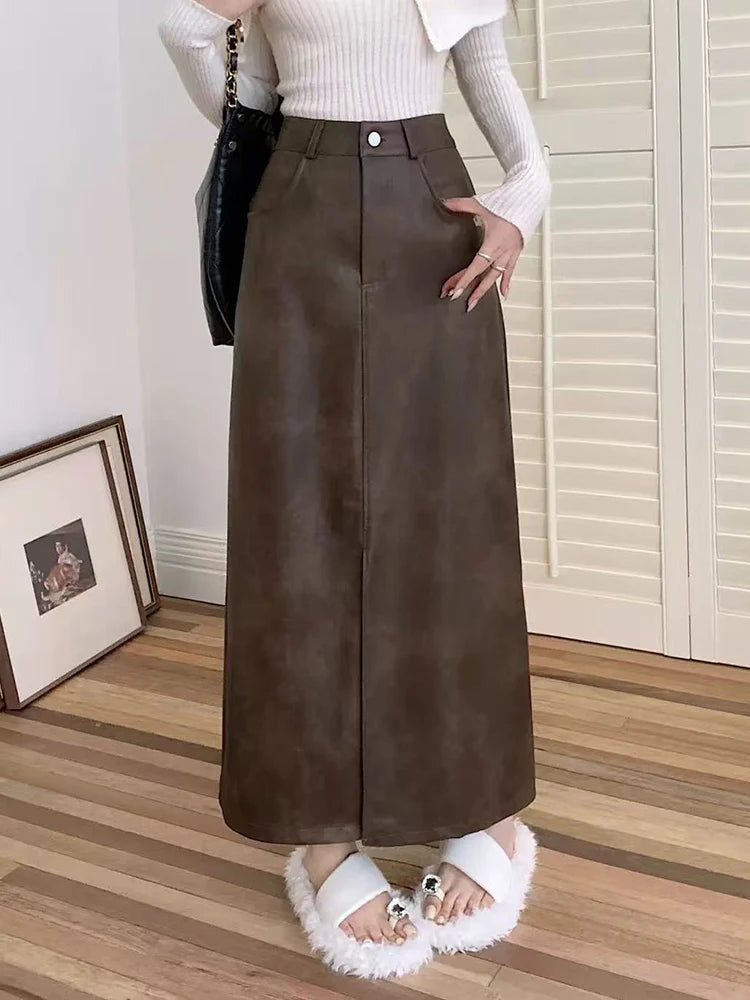 Vintage Pu Leather Split Midi Skirts Women Y2K High Waist Streetwear All Match Hip Skirt Korean Solid Casual Ladies A Line Skirt voguable