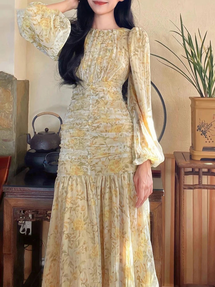 Voguable  Elegant Printed Dress for Women O Neck Long Puff Sleeve High Waisted Midi Dresses Fashion Casual Chic Chiffon Dress voguable