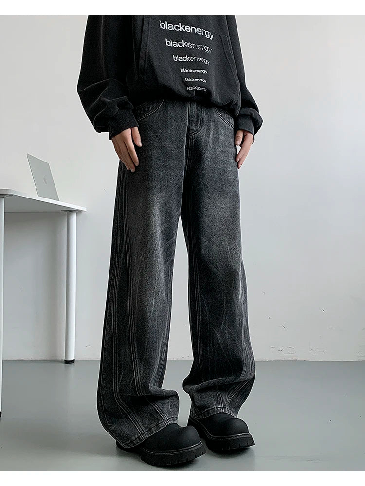 Winter Nostalgic Blue Jeans Men Chic Patchwork Loose Casual Denim Pants Wide Leg Male Straight Mopping Trouser Streetwear voguable