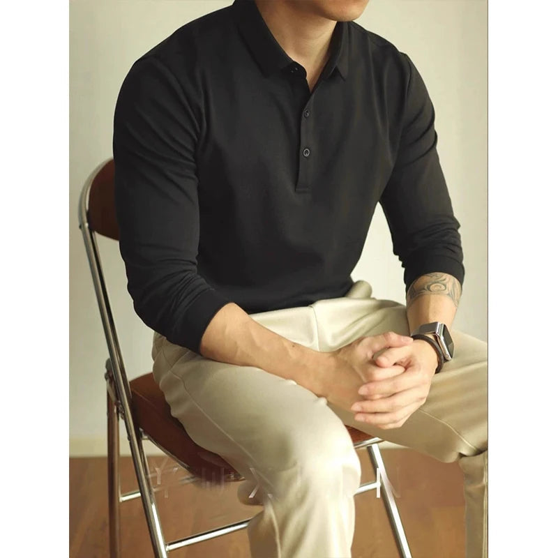 New American Retro Men Polo Shirt Light Luxury Solid Color Slim-fit Commuting Long Sleeve T-shirt Leisure Business Pullover Tops voguable