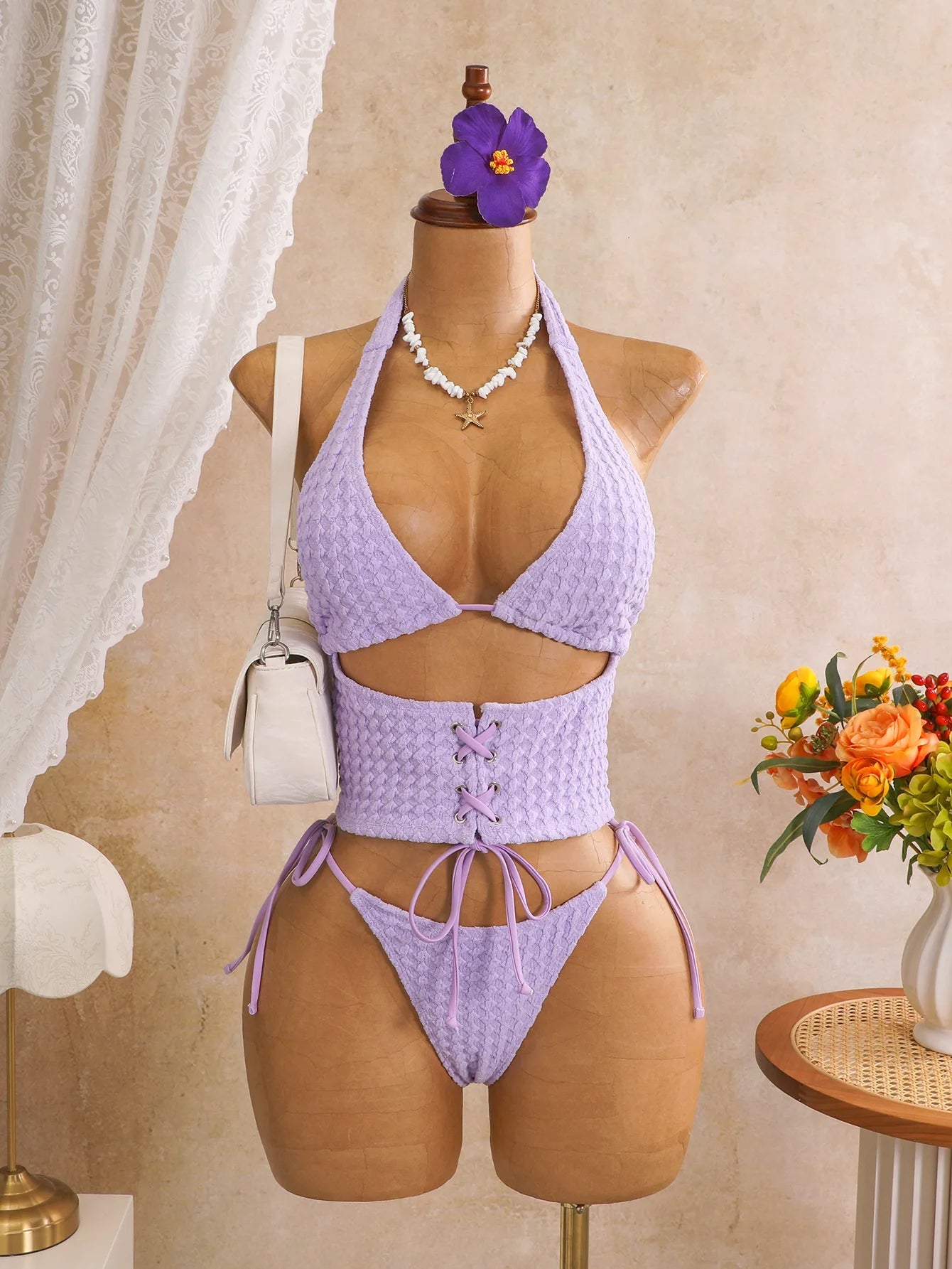 Voguable  Women Solid Textured Bubble Fabric 2 Piece Bikini Set Halter Triangle Lace Up Waist Corser Side Tie Thong Swim Beach Swimwear voguable