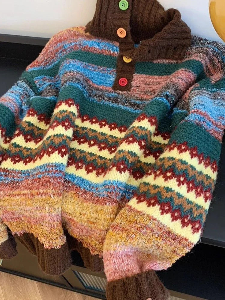 Vintage Print Harajuku Sweater Women Loose Fall Winter Sweet Knitted Jumper Casual Stand Collar Long Sleeve American Retro Tops voguable