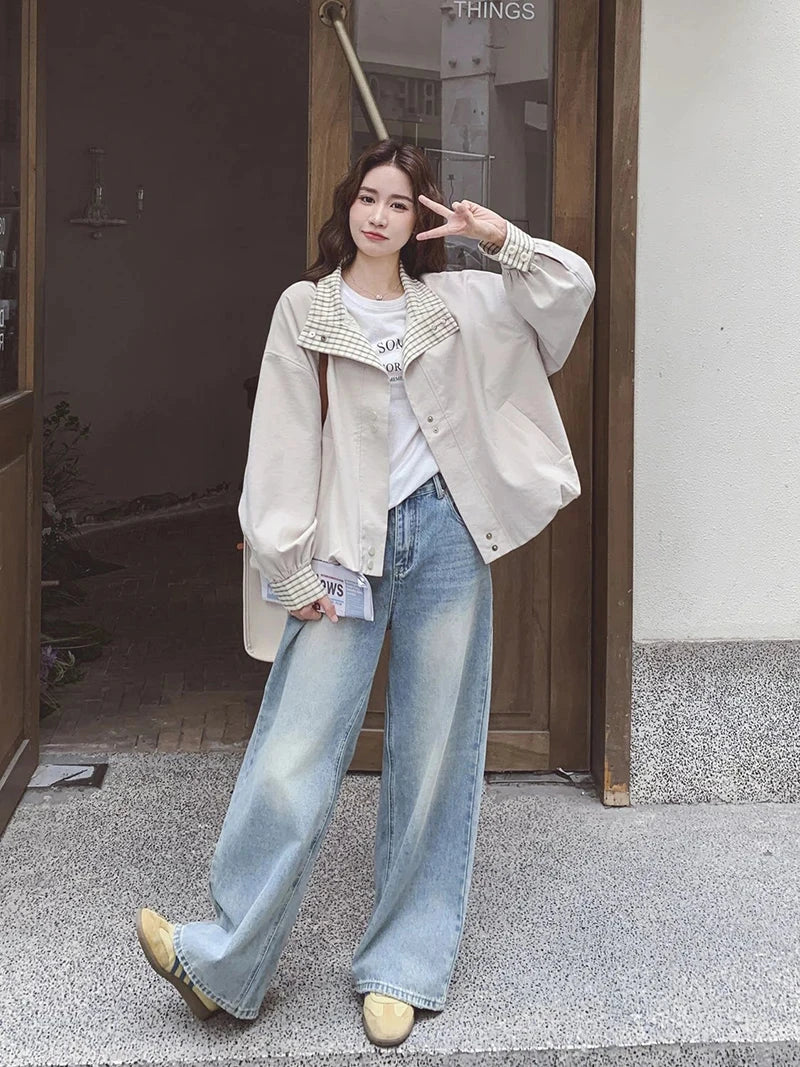 Korean Sweet Chic Jacket Women Loose Fall Long Sleeve Elegant Short Coat Fashion Plaid Patchwork Preppy Style Cute Outwear Tops voguable