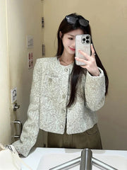 Sweet Women Slim Elegant Jacket Vintage Long Sleeve O Neck Fall Short Coat Korean Small Fragrance Single Breasted Lady Tops voguable