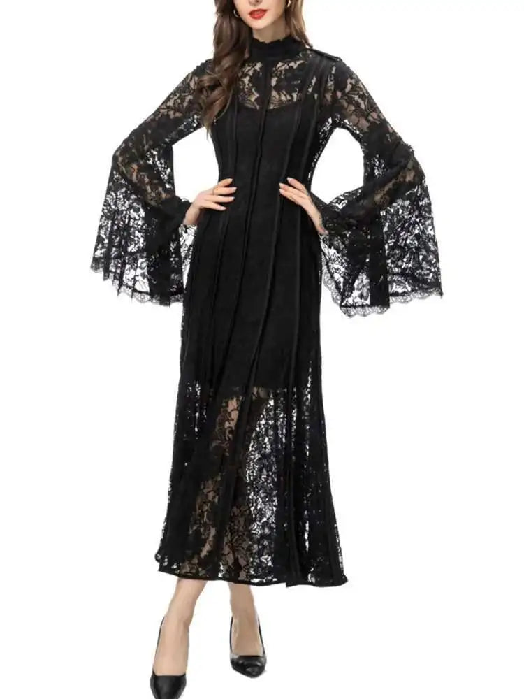 Solid High Quality Evening Dresses For Women Stand Collar High Waist Long Sleeve Thin Elegant Dress Female Clothing voguable
