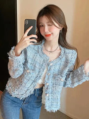 Chic Tassel Slim Tweed Jacket Women Casual Sweet Long Sleeve Short Coat Korean Fashion O Neck Elegant Design Plaid Tops New voguable