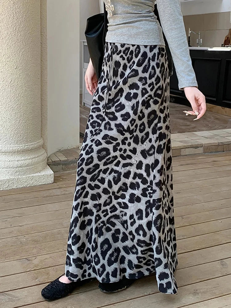 Sexy Slim Leopard Long Skirts Women High Waist Retro Streetwear Y2K Skirt Fall Casual Harajuku American Vintage Long Skirt voguable