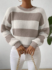 Women's autumn and winter contrasting striped round neck pullover knitted sweater voguable