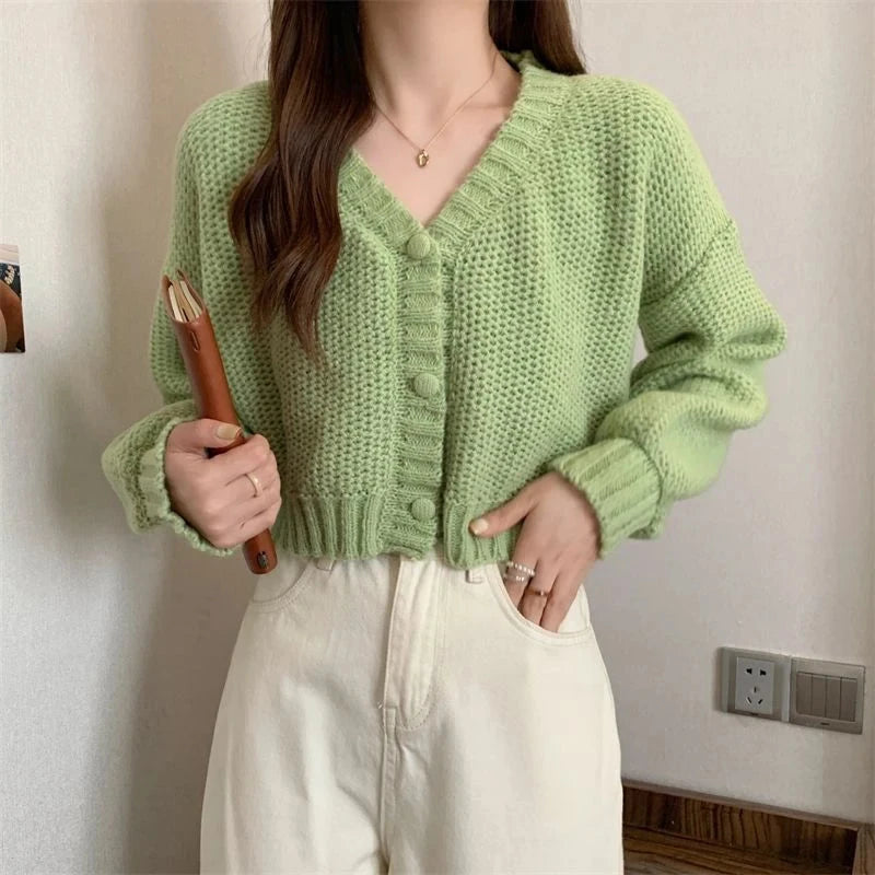 Sexy Cropped Sweet Cardigan Women V Neck Vintage Slim Long Sleeve Knitted Sweaters Korean Causal Simple Solid Lady Fall Tops New voguable