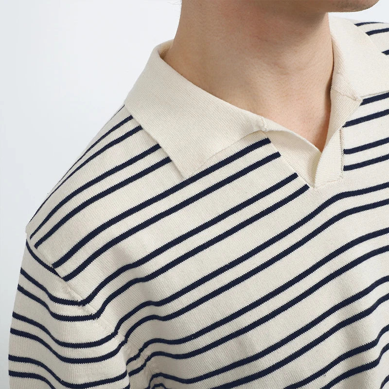 Summer Men's Clothing Light Luxury Knitted Polo Shirt Leisure Striped V-Neck Solid Color Short Sleeve Fashion Retro Knitwear voguable