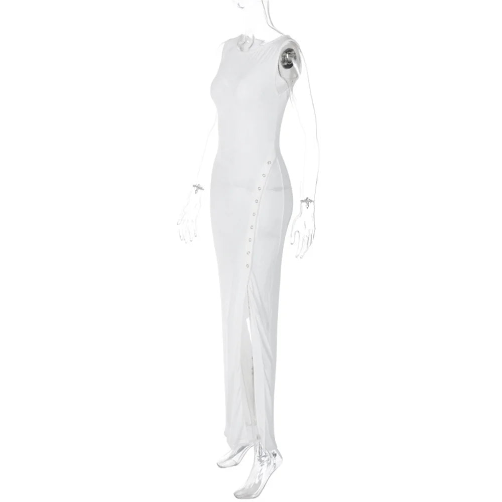 Voguable  O Neck Chic Side Single-breasted White Women Dress Sleeveless Temperament Split Slim Bag Hip Bodycon Lady Holiday Going Out Gown voguable