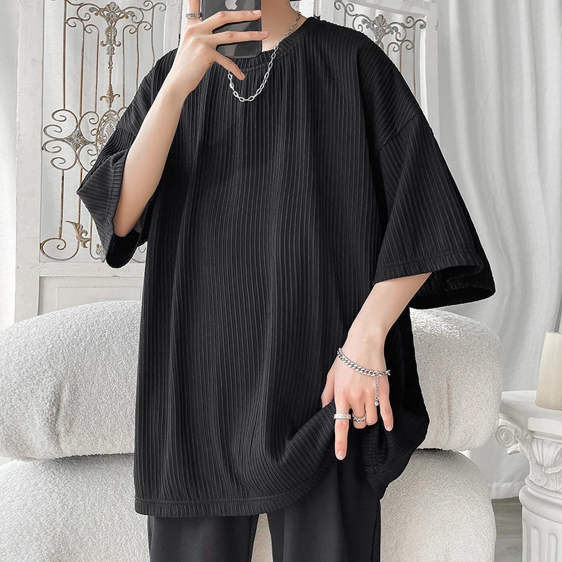 Ice Silk Striped Oversized Cool T Shirts Men Summer Half Sleeve Fashion Harajuku T-Shirt Male Solid Simple Daily Casual Tees gotmes-shop