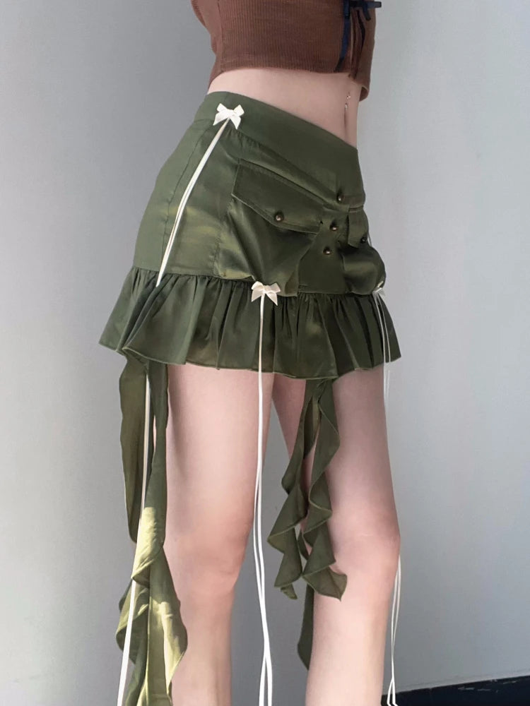 TARUXY Splice Folds Mini Skirt For Women Pocket High Waist Bnadage Skirts Womens 2023 Party Casual Lace Up Slim Skirts Ladies voguable