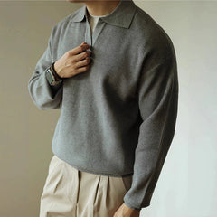 New American Chic Men Polo Sweater Luxury Trendy Business V Neck Knit Solid Color Pullover Leisure Slim-fit Long Sleeve Knitwear voguable