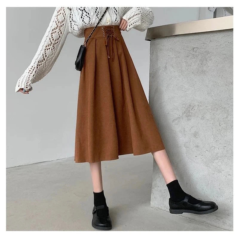 Preppy Style Vintage Long Skirts Women High Waist Sweet Loose A Line Skirt Lace Up Retro Fall Winter Female Elegant Long Skirts voguable