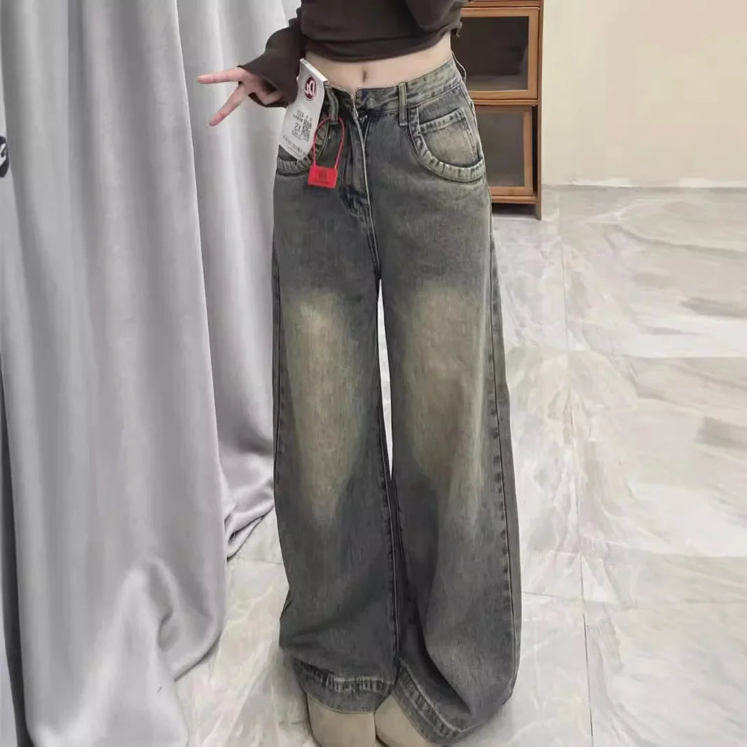 Vintage Distressed Wide-leg Jeans Women's Spring Summer New Loose-fit Slimming Draped Versatile Trailing Straight-leg Trousers voguable
