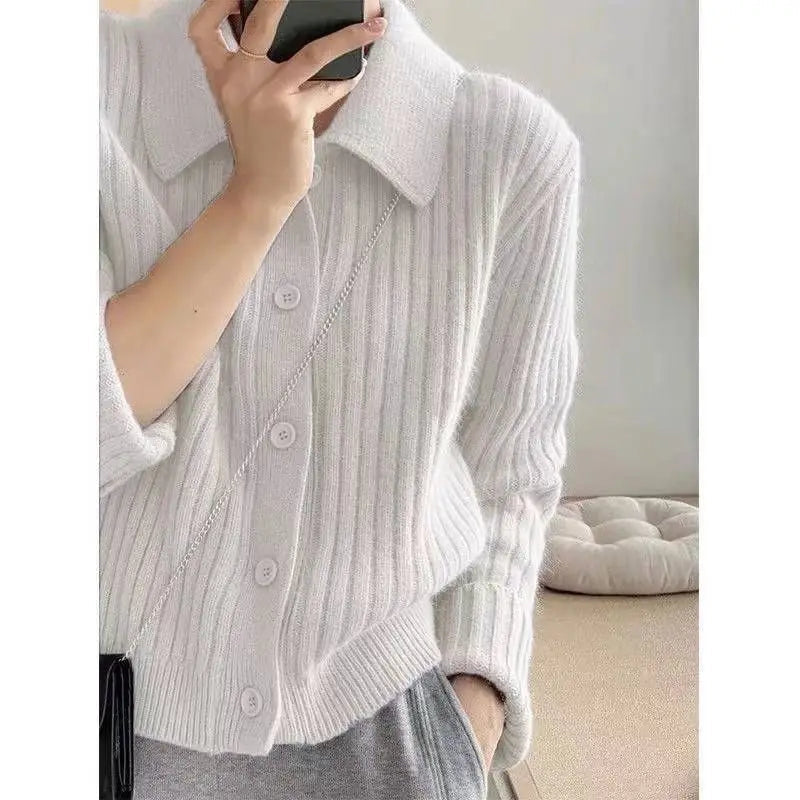 Pink Turn-down Collar Sweater Coats Women Warm Color Knitted Ingle-breasted Striped Fashion Casual Office Lady Cardigans Tops voguable