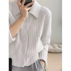 Pink Turn-down Collar Sweater Coats Women Warm Color Knitted Ingle-breasted Striped Fashion Casual Office Lady Cardigans Tops voguable