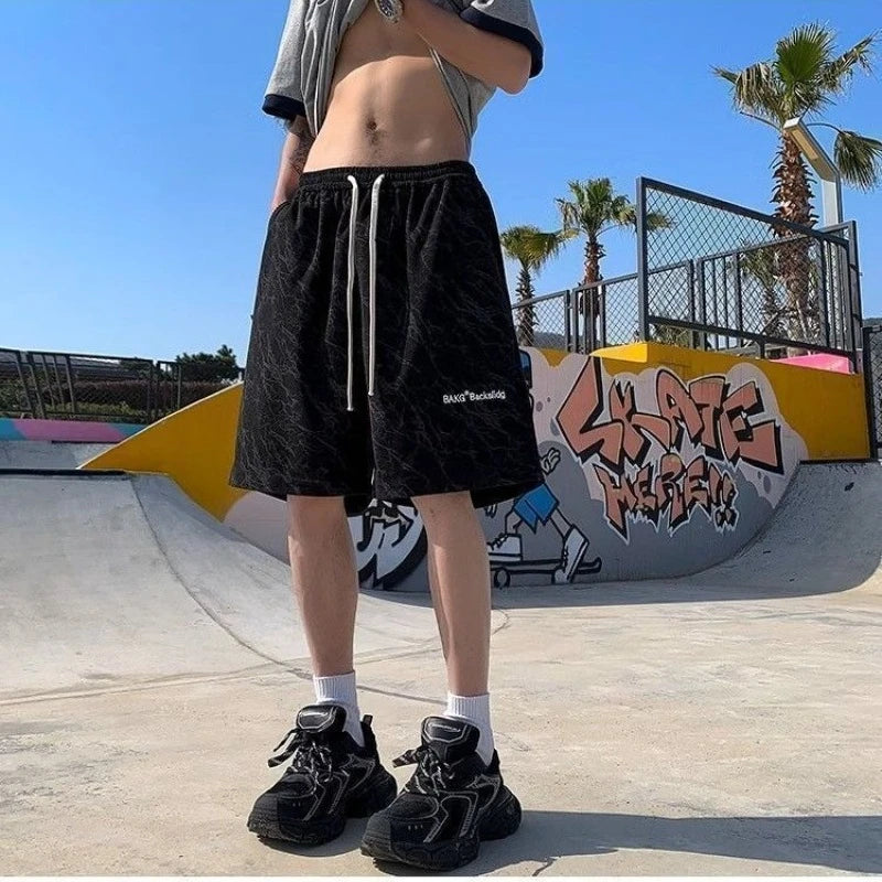 Summer Beach Casual Shorts Men Embroidered Geometric Prints Unisex Baggy Shorts Sweatpants Women Elastic Waist Couple's Shorts voguable