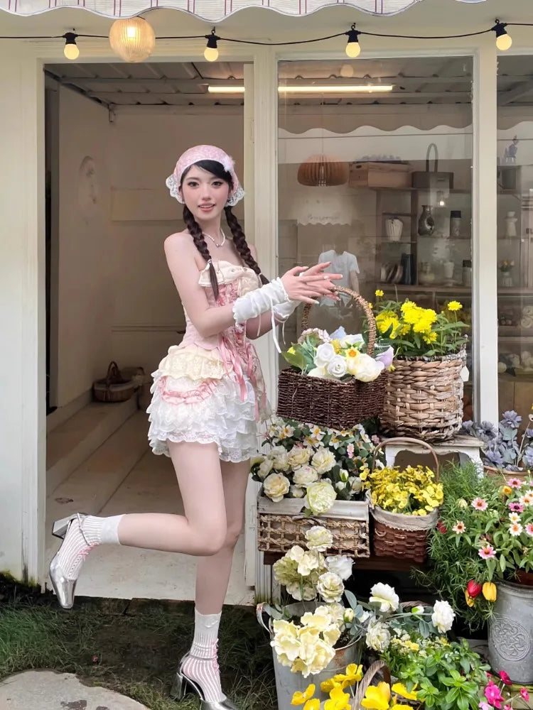 Bow Slash Neck Lace Up Pink Corset Crop Tops White Lace Patchwork Ruffled High Waist Shorts 2 Piece Sets Womens Outifits voguable