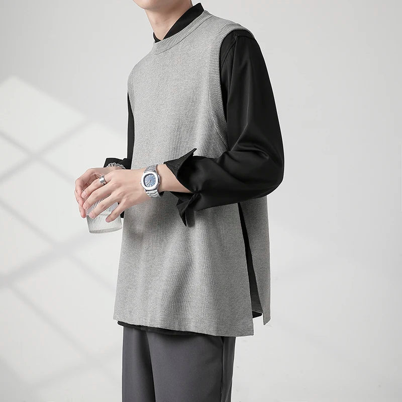 Voguable Korean Sweater Vest Men Slim Fit Fashion Solid Color Casual O-neck Knitted Pullover Men Knitting Sweaters Men Jumper Clothes voguable