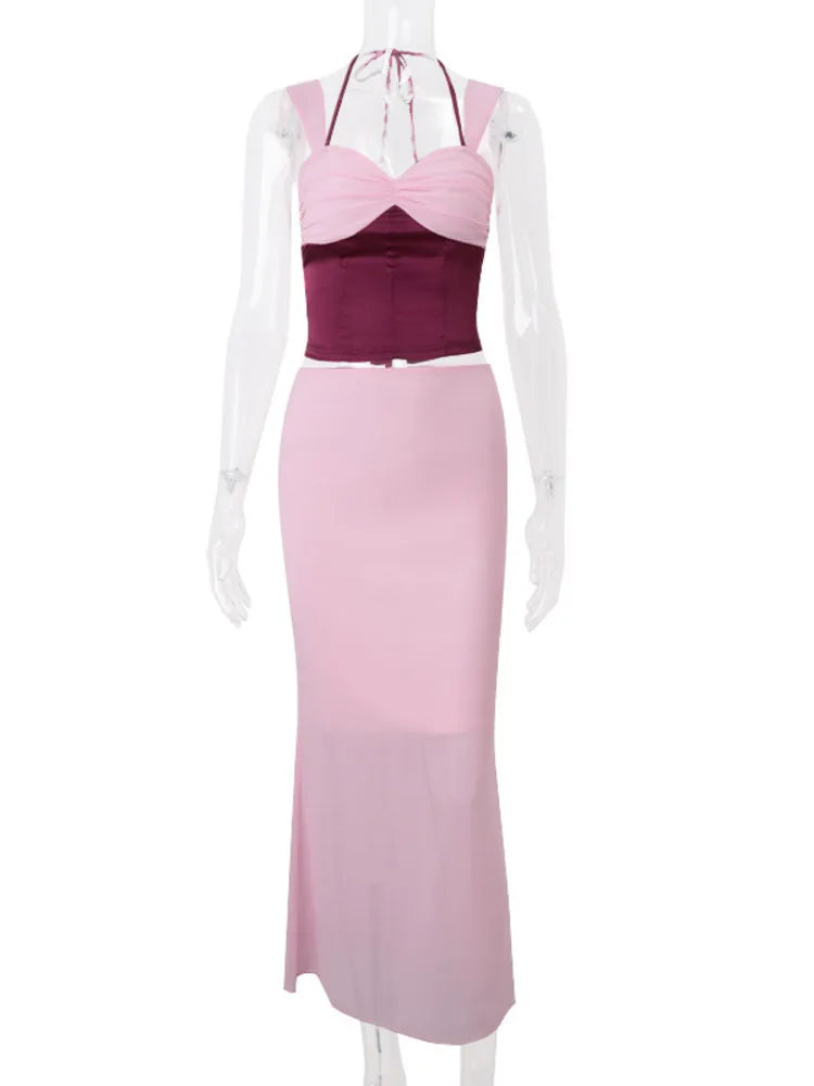 Sexy Skirt Two Piece Sets Women Halter Lace-up Cropped Tops And Maxi Skirt Ladies Fashion Sleeveless 2 Piece Sets voguable