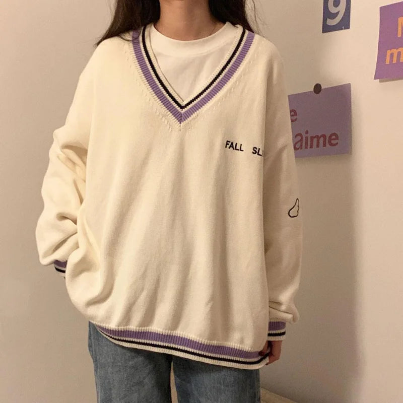 Voguable Thick Women Sweatshirt Winter Fashion V Neck Embroidery letter Pullover All Match Loose Long Sleeve Warm Black Tops New voguable