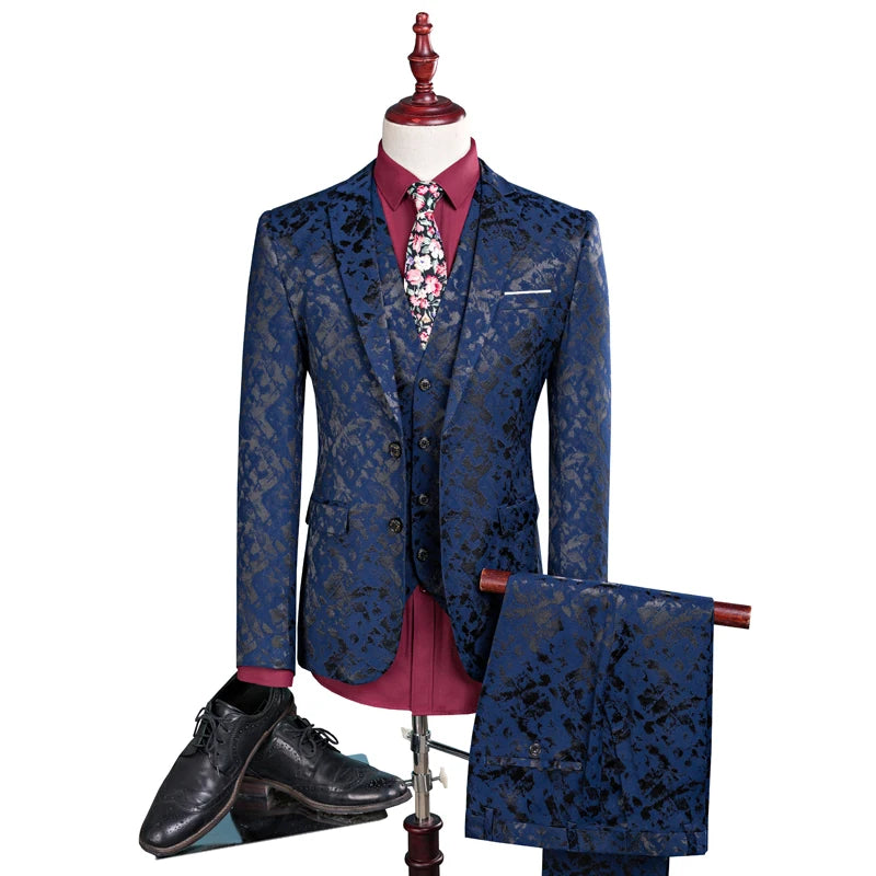Men Suit  Business Leisure Single Breasted Suits 3 Pieces Sets Male Printing Groom Wedding Dress Jacket Blazers Coat Vest Pants voguable