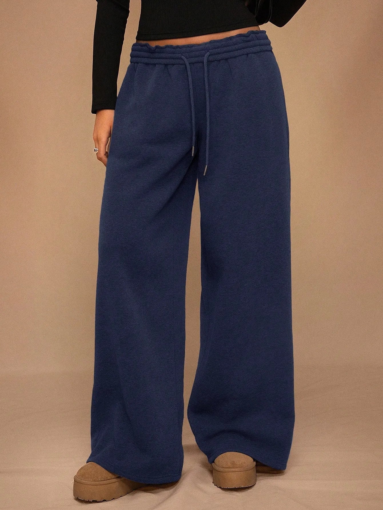 Voguable  High Waisted Drawstring Solid Color Loose Fit Women's Wide Leg Pant Autumn and Winter New Simple Straight Leg Pants Fashion voguable