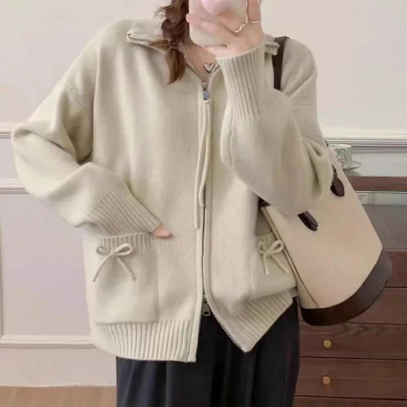 Korean Bow Cardigan Women Lazy Wind Double Zipper Long Sleeve Knitted Jacket Vintage Sweet Casual Preppy Style Tops Coat voguable