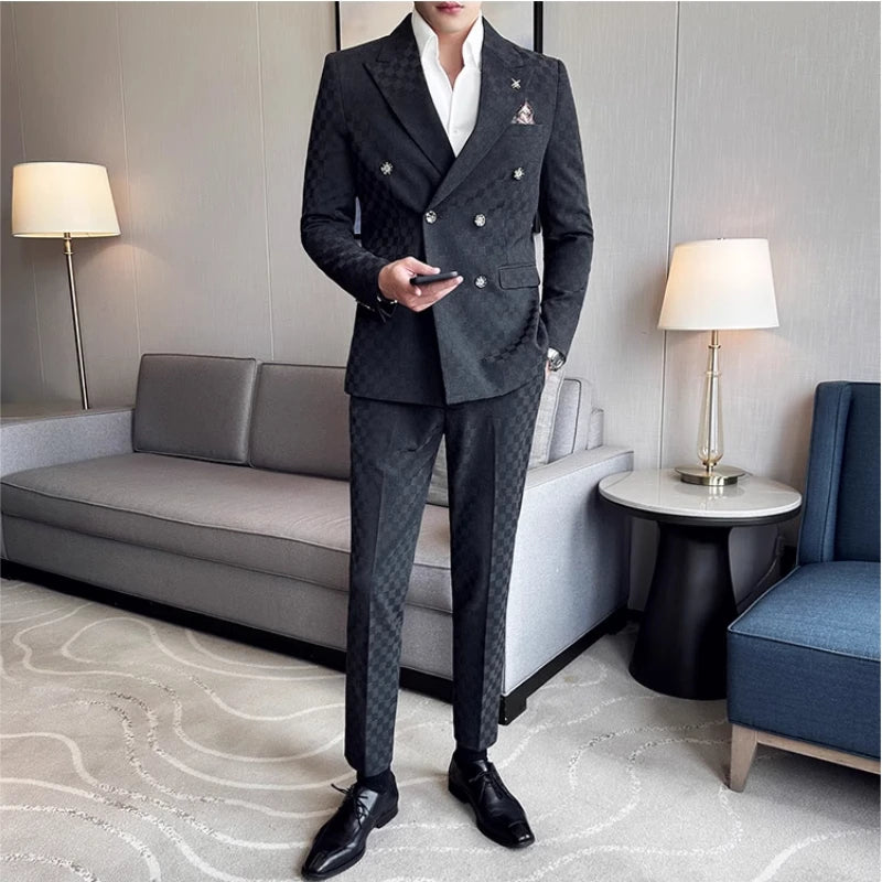 Voguable （Jacket+Vest+Pants）Classic Plaid Korean Slim-fit Men's High-end Banquet Dress Suit Fashion Men Formal Business Social Host Suit voguable