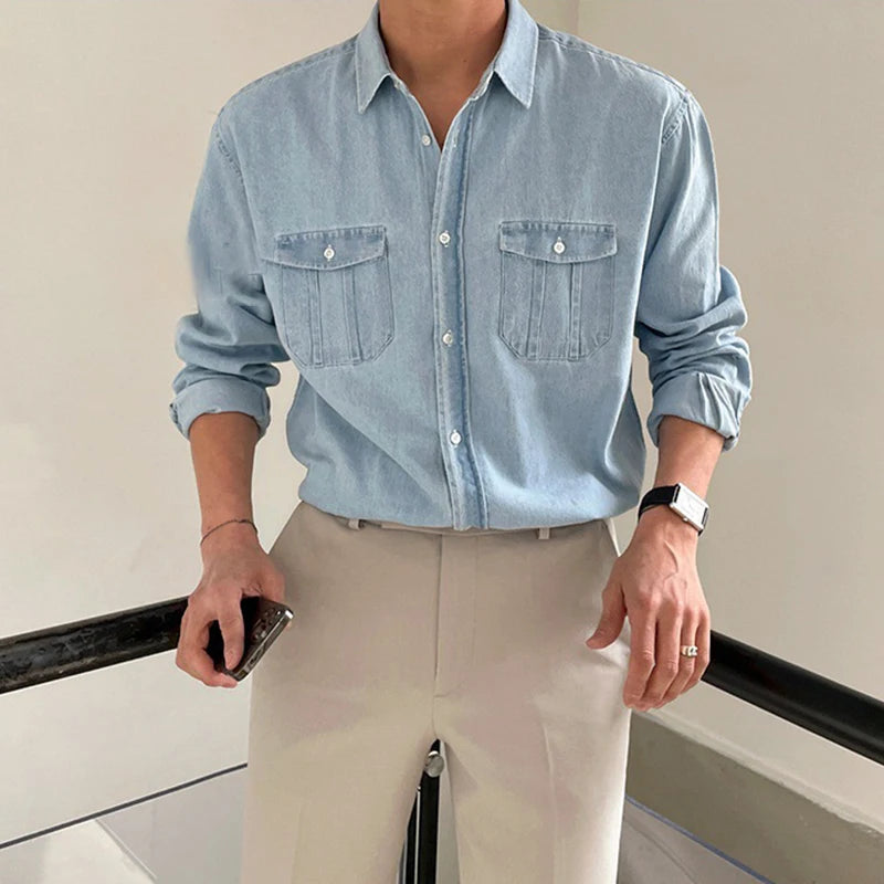 Autumn Clothing Men's Denim Long-sleeved Pocket Shirt Casual Korean  Popular Button-down Streetwear Luxury Stylish Outerwear voguable