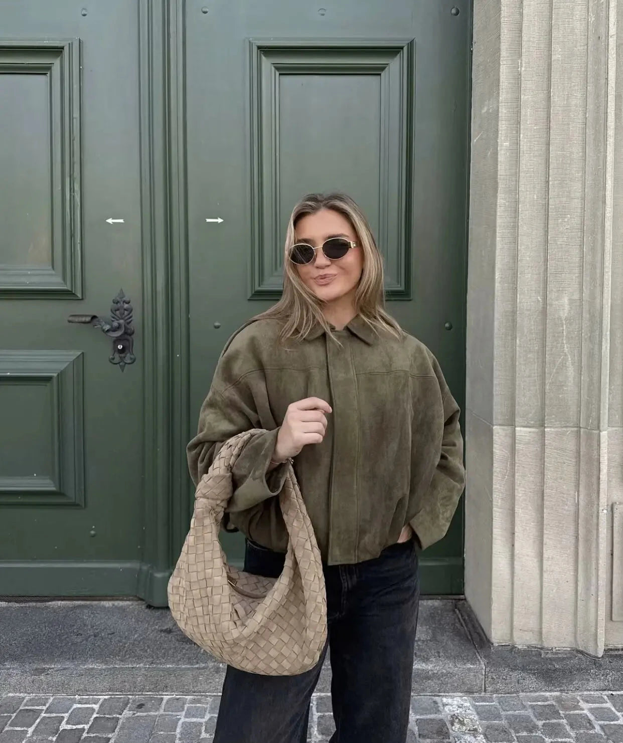 2025 New Fashion Women Green Suede Jacket Spring Lapel Long Sleeve Zipper Oversize Bomber Coat Chic Female High Street Outerwear voguable