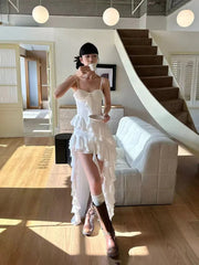 Y2K Streetwear Lace Camisole Dress Women Aesthetic Ruffle Slim Irregular Midi Dress Summer Club Party All Match Ladies Vestidos voguable