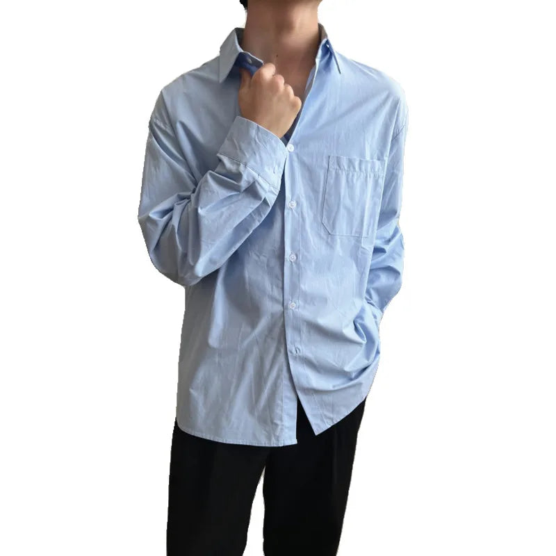 Voguable Blue White Long Sleeved Shirt Men Fashion Social Men Dress Shirt Korean Loose Casual Shirts Men Office Formal Shirt M-2XL voguable
