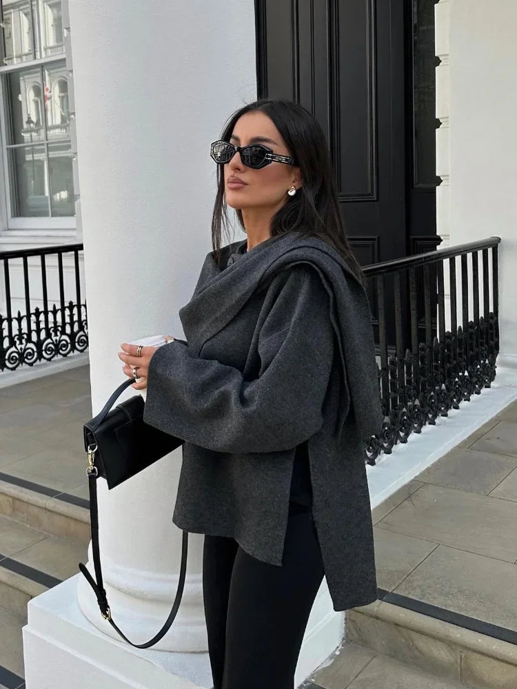 2024 New Fashion Scarf Collar Woolen Jackets For Women Elegant Long Sleeved Side Split Casual Coats Female Chic Autumn Overcoats voguable