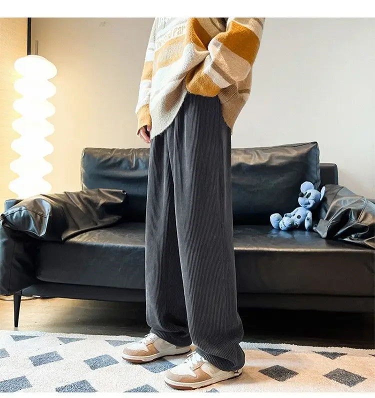 Autumn Corduroy Straight Trousers Men Loose Solid Casual Drape Trousers Harajuku Fashion Drawstring Street Wide Leg Sweatpant voguable