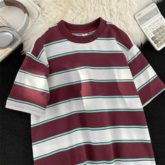 Voguable  Japanese Couple Color-blocking Short-sleeved T-shirt Hong Kong Style Loose Trend Striped Heavy Round Neck Half-sleeved T-shirt voguable