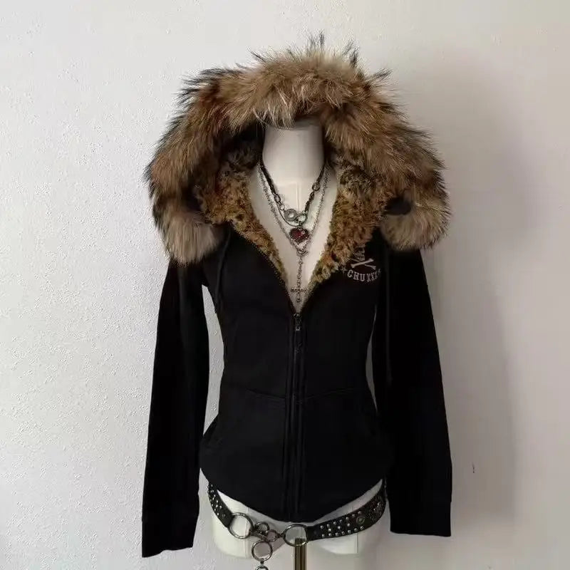 Voguable  Women Y2K Gothic Zip Up Hoodie Red Faux Fur Collar Embroidery Rhinestone Hooded Jacket Grunge Streetwear Casual Sweatshirt voguable